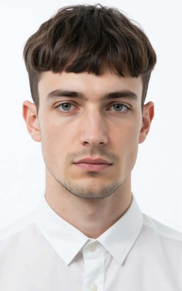 A French male model with a Bowl cut, wearing a shirt, against a white background, in a front   facing bust portrait